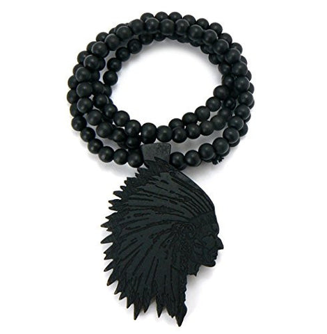 Native American Chief Wood Pendant 36" Wooden Bead Chain Necklace in Black-Tone WX15BK