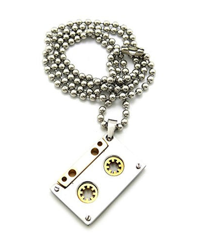 Two-Tone Cassette Tape Micro Pendant Necklace with 2mm 24" Stainless Steel Ball Chain
