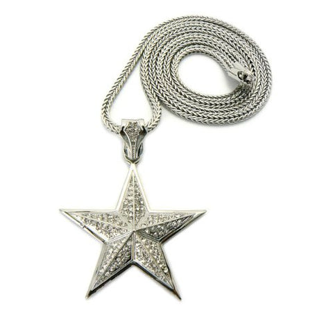 Iced Out 3D Star Pendant in Silver Tone w/ 36" Franco Chain GAP13R