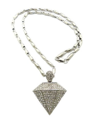 Iced out Diamond Shape Silver Tone Pendant w/ 4mm 24" Bullet Chain XZ92R