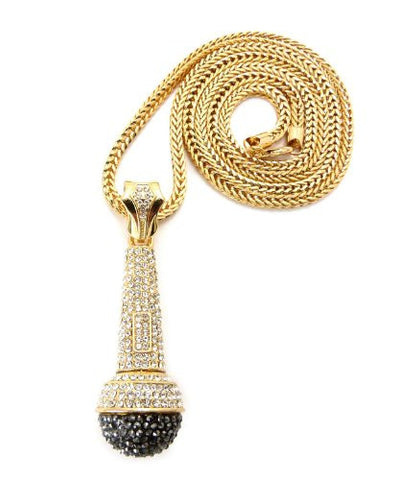 Paved Gold/Hematite Tone Microphone Pendant w/ 4mm 36" Franco Chain MP313G