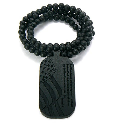 Joshua 1:9 Bible Verb US Flag Engraved Wood Pendant 36" Wooden Bead Chain Necklace - Black WX39BK
