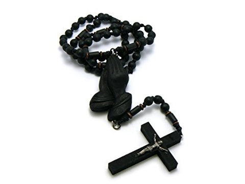 3D Praying Hands and Crucifix Cross Pendant Wood Rosary Necklace