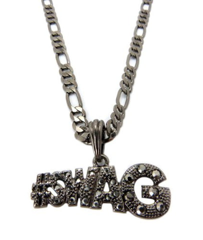 Iced Out #SWAG Micro Pendant w/ 24" Figaro Chain in Hematite Tone MSP281HE