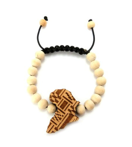 African Tribal Pattern Africa Wood Pendant & Bead Chain Bracelet