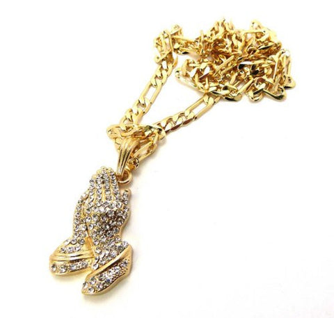 Pave Praying Hands Pendant w/ 24" Figaro Chain in Gold Tone MSP228G