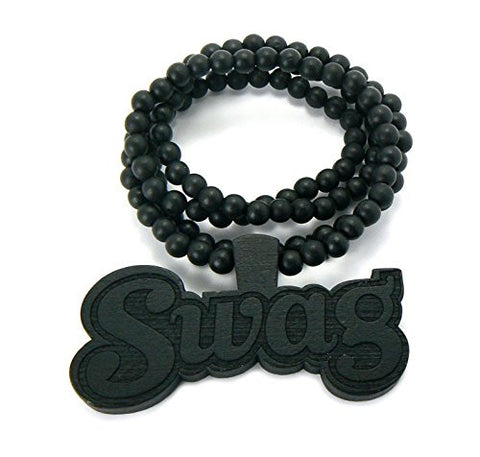 SWAG Wood Pendant 8mm 36" Wooden Bead Chain Necklace in Black