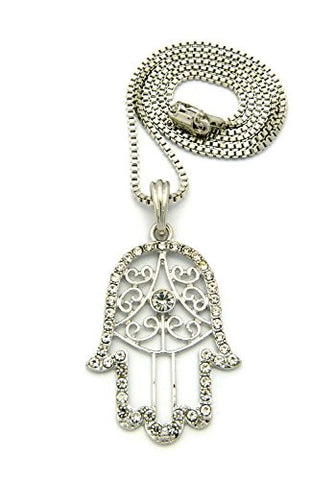 Paved Hamsa Palm Good Luck Pendant 24" Box Chain Necklace in Silver-Tone MSP385RBX