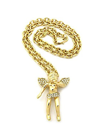 Pave Flying Angel Pendant 4mm 18" Link Chain Necklace for Women - Gold-Tone