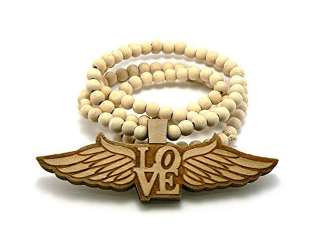 LOVE Angel Wing Wood Pendant 8mm 36" Wooden Bead Chain Necklace in Natural-Tone