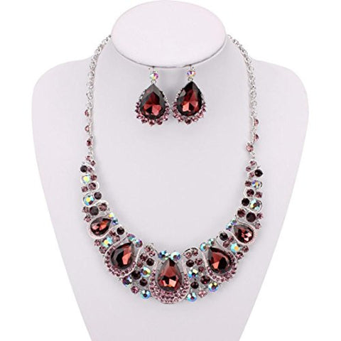 Pear Cut Purple Rhinestone Pave Fancy Necklace and Earrings Jewelry Set in Silver-Tone