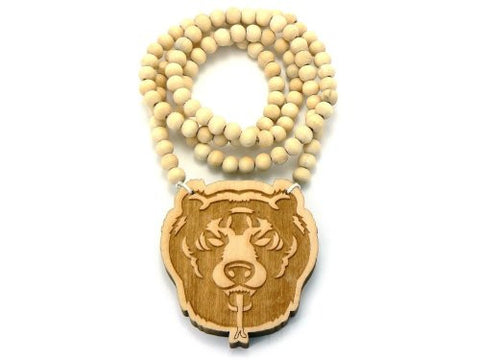 Bear Head Wood Pendant 36" Wooden Bead Chain Necklace