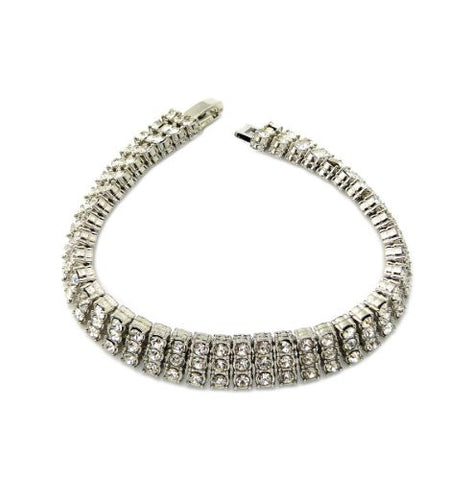 Iced Out 3 Row Rhinestone Bracelet 8.25" with Metal Clasp - Silver-Tone