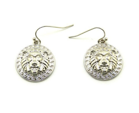 Celebrity Style Lion Head Charm Hook Earrings in Silver-Tone XE1083R