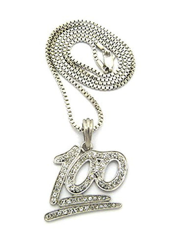 Stone Stud Perfect Score 100 Emoji Pendant 2mm 24" Box Chain Necklace in Silver-Tone