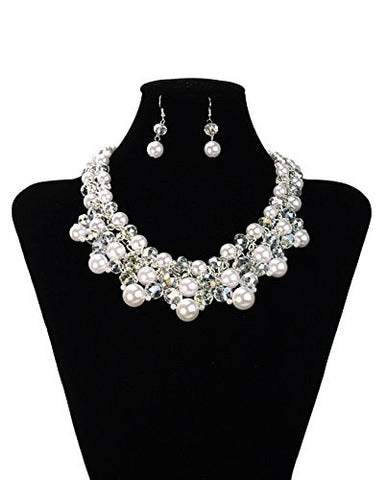 Assorted Size Faux White Pearl Faceted Rondelle Beads Necklace and Earrings Jewelry Set