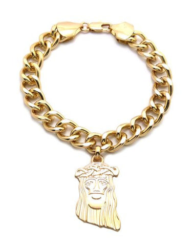 Engraved Jesus Pendant 10mm 7" Link Chain Bracelet in Gold-Tone