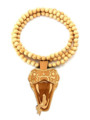 Snake Head Wood Pendant 36" Wooden Bead Chain Necklace in Natural-Tone WX70NL