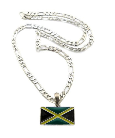 Jamaica Flag Pendant with 5mm 24" Figaro Chain Necklace - Silver-Tone