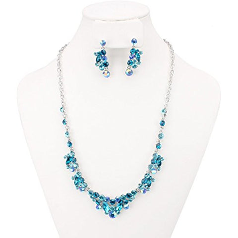 Blue-Tone Stone Pave Chain Necklace and Earrings Jewelry Set