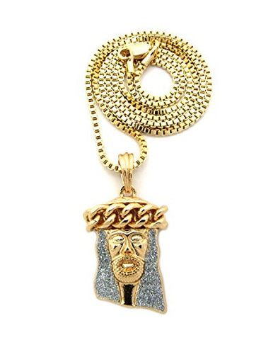 Thick Crown Jesus Silver-Color Glitter Micro Pendant 2mm 24" Box Chain Necklace in Gold-Tone