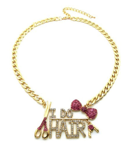 Gold/Pink Tone I DO HAIR Rhinestone Fashion Charm 7mm 18" Link Chain Necklace