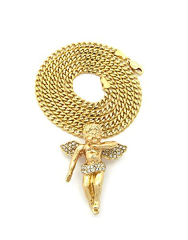 Stone Studded Floating Angel Pendant 3mm 24" Concave Cuban Chain Necklace in Gold-Tone