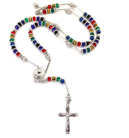 Silver/Multi Tone Praying Hands Jesus Cross 39" Glass Beads Rosary Necklace