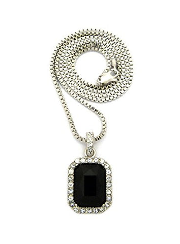 Rectangular Faux Onyx Stone Pendant w/ 2mm 24" Box Chain Necklace in Silver-Tone
