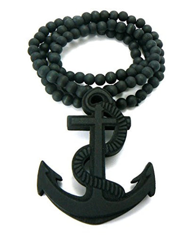 Wood Rope Anchor Pendant 36" Wooden Bead Chain Necklace in Black-Tone WJ153BK