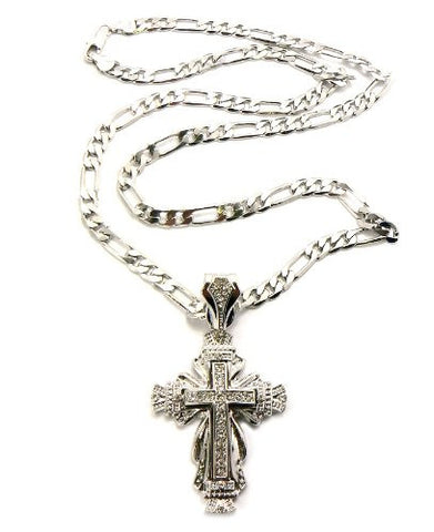Paved Silver Tone Medieval Cross Pendant 24" Figaro Chain Necklace