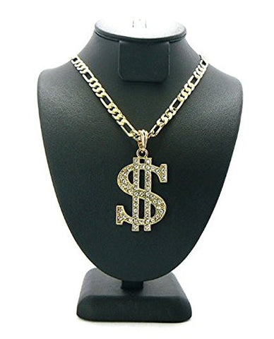 Paved $ Dollar Sign Pendant w/ 5mm 24" Figaro Chain in Gold-Tone MSP115G