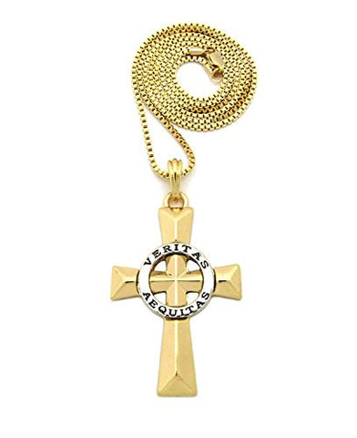 Polished Silver-Tone Veritas Aequitas Pendant 2mm 24" Box Chain Necklace in Gold-Tone