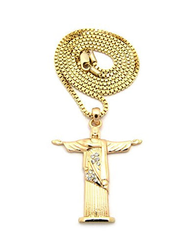 Stone Stud Christ the Redeemer Statue Pendant 2mm 24" Box Chain Necklace in Gold-Tone
