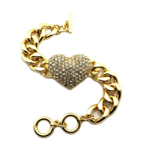 Rhinestone Heart Charm 7.5" Bracelet in Gold-Tone