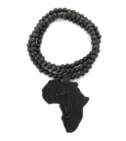 Lion Engraved Africa Wood Pendant 36" Wooden Bead Chain Necklace in Black-Tone WJ192BK