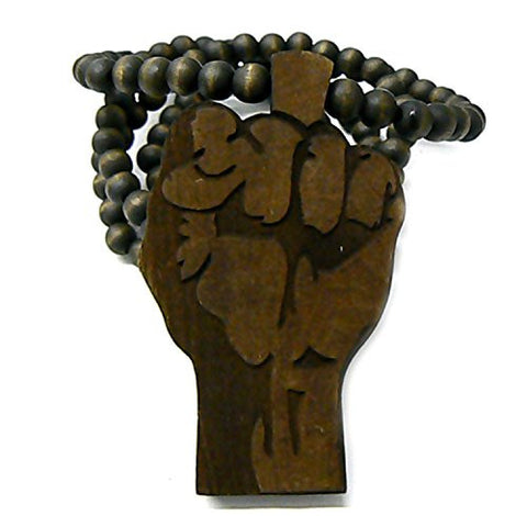 Raising Fist Wood Pendant 8mm 36" Wooden Bead Chain Necklace in Brown