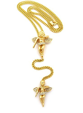 Pave Floating Angels Charm 3.5mm 27" Cuban Link Chain Y Necklace - Gold-Tone