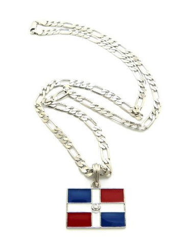 Silver Tone Dominica Republic Flag Pendant 5mm 24" Figaro Chain Necklace XSP366R