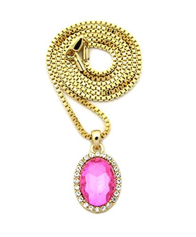 Pave Oval Pink Stone Pendant w/ 2mm 24" Box Chain Necklace in Gold-Tone