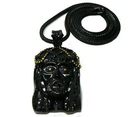Black/Yellow Crown of Thorns Jesus Pendant w/ Franco Chain Necklace