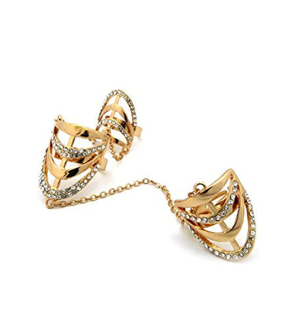 Women's Stone Studded Medieval Style Slave Chain Link Finger Rings in Gold-Tone