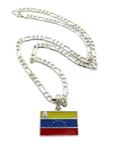 Venezuela Flag Pendant with 5mm 24" Figaro Chain Necklace in Silver-Tone