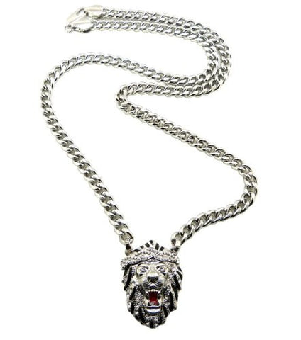Pave Lion Head Rapper Pendant with 30" Cuban Link Chain Necklace in Silver-Tone XC341R