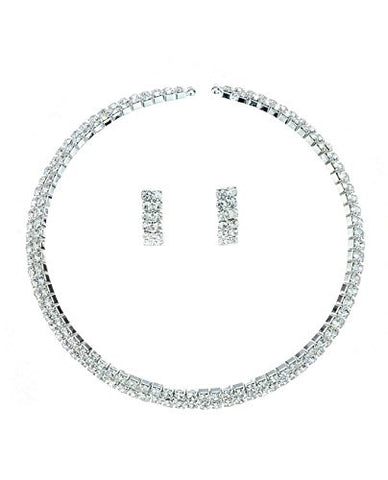 Clear 2 Row Elastic Flexing Rhinestone Choker Necklace and Earrings Jewelry Set