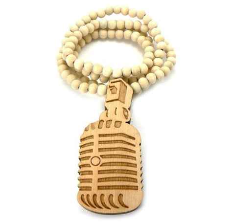 Vintage Microphone Wood Pendant 36" Wooden Bead Chain Necklace in Natural-Tone WJ120NL