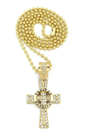 Iced Out Gold Tone Veritas Aequitas Cross Pendant w/ 3mm 27" Ball Chain BXZ80G