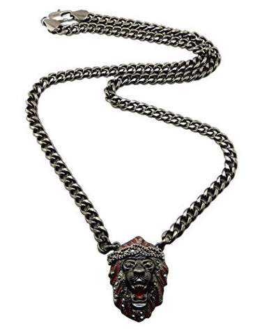 Pave Lion Head Rapper Pendant with 30" Cuban Link Chain Necklace in Hematite-Tone XC341HE