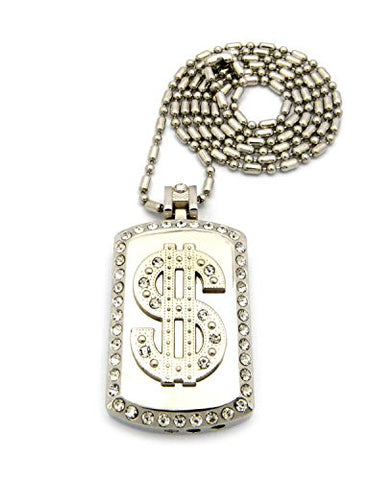 Dollar Sign Pave Dog Tag Cigar Lighter Pendant with 3.5mm 36" Sausage Chain - Silver-Tone