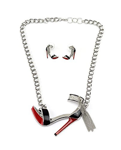 High Heel Fashoin Charm 6mm 18" Chain Necklace with Earrings in Silver-Tone